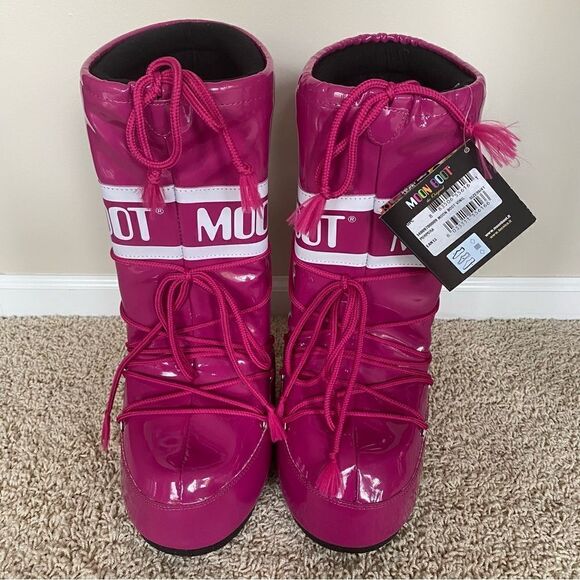Women’s Tall Glossy Icon Vinil Moon Boots Pink Purple Waterproof size 7/8.5 - Picture 2 of 6